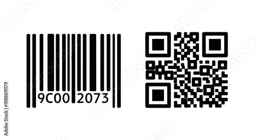 Digital data identification symbols featuring a linear barcode and a square qr code isolated on a plain white background for technology applications