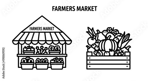 Farmers market icon set showcasing a wooden produce stall with a striped awning and a crate filled with fresh seasonal harvest of fruits and vegetables
