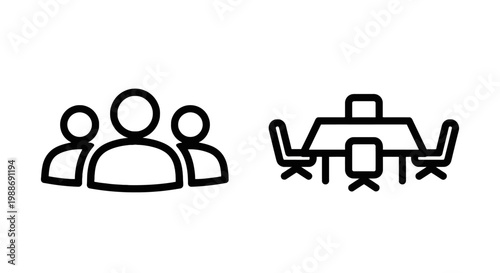 Minimalist office icons representing a professional team of employees and a modern business meeting setup with a rectangular conference table and chairs