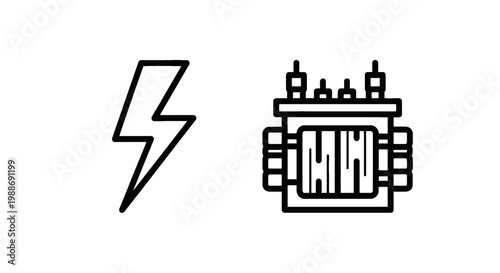 Energy and power distribution icons featuring a high voltage lightning bolt symbol and a technical electrical transformer substation component unit, electric