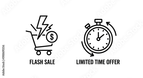 E-commerce marketing icons featuring a shopping cart flash sale symbol and limited time offer stopwatch shopping marketing discount ecommerce stopwatch