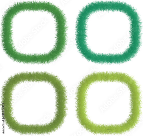 Green fuzzy rounded square frame collection isolated on white background. Soft grass style border elements for natural themed design layouts. Abstract organic shape set for decoration and creative use