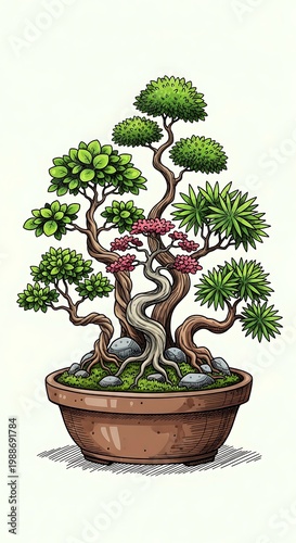 Artfully styled miniature tree with lush foliage in a ceramic pot on moss