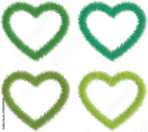Green fuzzy heart frame set isolated on white background. Soft grass style love shape borders for romantic and nature themed design. Abstract organic heart collection for decoration and layout use.