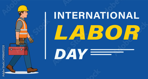 International Labor Day Construction Worker with Toolbox Walking Illustration May 1 Workforce Celebration Banner Clean Blue Background Vector Design