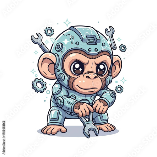 Cute cartoon monkey wearing a futuristic robot suit holding a wrench.