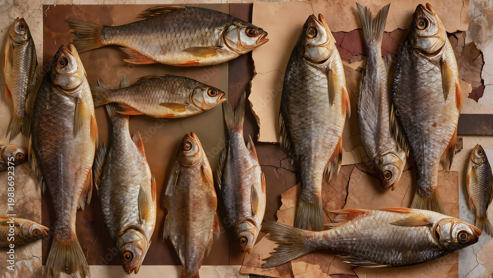 Obraz premium Abstract Artistic Arrangement of Dried Fish on Textured Earthy Background