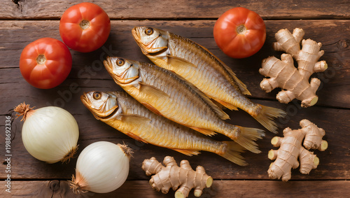 Fresh Cooking Ingredients with Smoked Fish Tomatoes Ginger and Onions on Rustic Wood