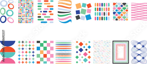 Geometric shapes and patterns in various colors and designs on white background