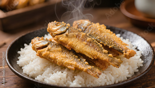 Deep Fried Golden Brown Crispy Fish Served over Steamed White Rice with Steam