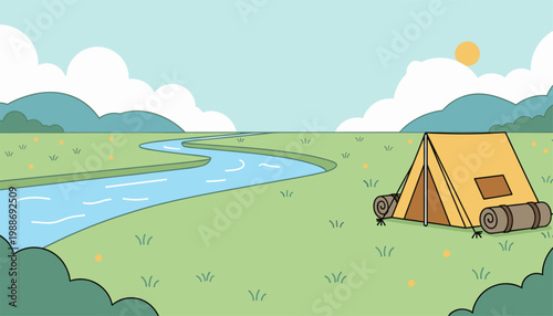 Camping tent by river peaceful nature landscape outdoor illustration
