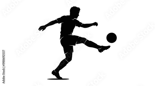 A black silhouette of a man kicking a ball on transparent background