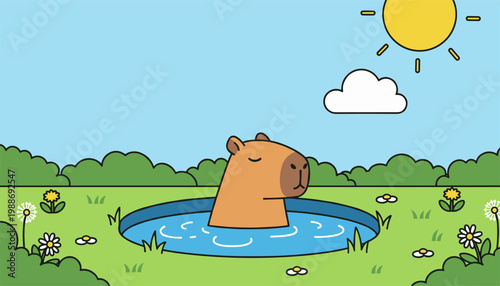 Cute capybara relaxing in water pool peaceful summer outdoor illustration