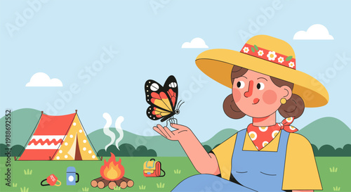 Girl camping in nature holding butterfly peaceful outdoor summer illustration