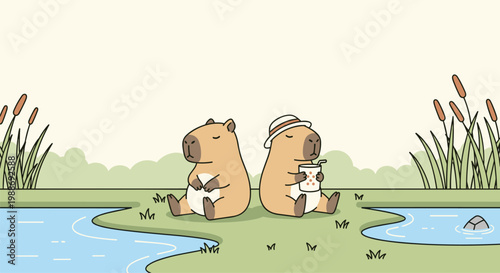 Cute capybara couple relaxing by river drinking together peaceful illustration