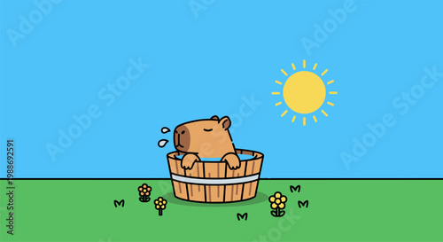 Cute capybara bathing in wooden tub enjoying sunny day flat illustration