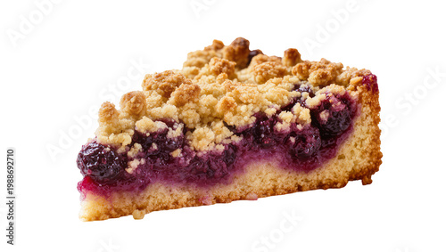 Cuadro en lienzo Slice of blueberry crumble cake with golden streusel topping, isolated on transp
