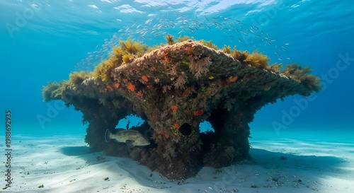 Artificial reef teeming with marine life, creating vibrant underwater habitat