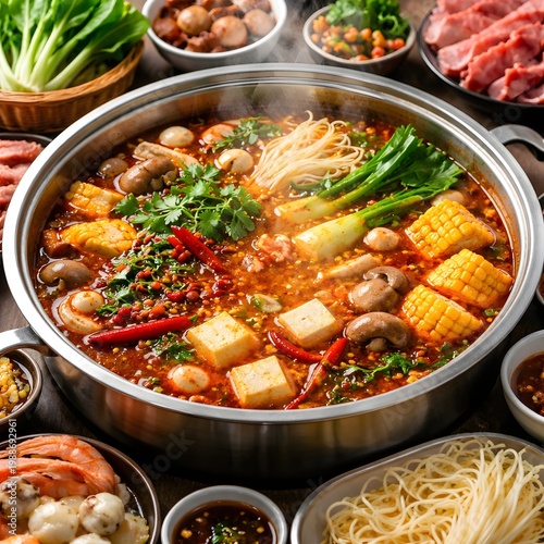 spicy hot pot with vegetables seafood and tofu in metal pot