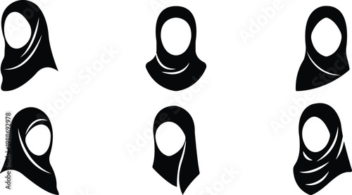 Hijab woman silhouette icon set with different styles, Muslim female headscarf variations, Modest fashion profile collection
