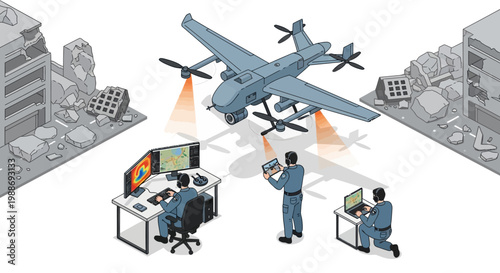 Advanced drone technology used for surveillance and control in a simulated urban combat environment with operators monitoring from a command center.