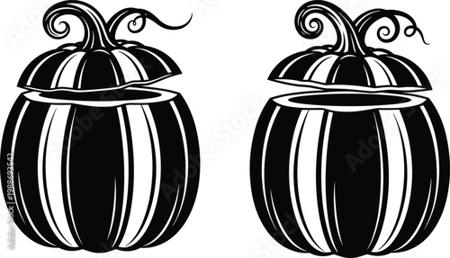 Carved pumpkins with open lids, Halloween decoration, black and white illustration.