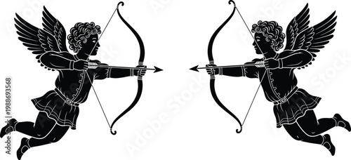 Two cherubs flying and shooting arrows of love on Valentine's day.