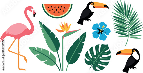 Tropical summer vector set featuring pink flamingo toucan birds watermelon exotic flowers and palm leaves for design.