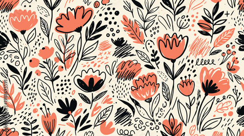 Whimsical floral pattern with hand drawn flowers and leaves in coral and black hues on a beige background illustration design