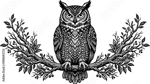 Owl sitting on a tree branch.