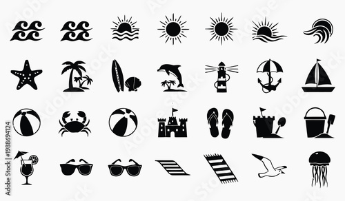 Black silhouettes depict various summer and beach themed icons in a playful arrangement