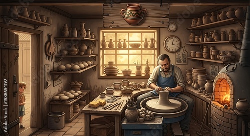 Artisan shapes clay on wheel in workshop, shelves filled with pottery, kiln ablaze