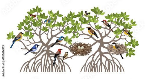 Colorful birds perched on tree branches with nests and eggs