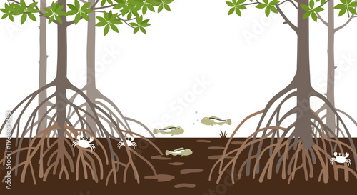 Illustration of mangrove trees with fish in aquatic ecosystem