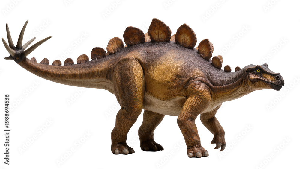 Fototapeta premium Brown Stegosaurus dinosaur with plated back and spiked tail, isolated on transparent background