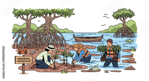 Volunteers Planting Mangrove Trees in Coastal Conservation Effort