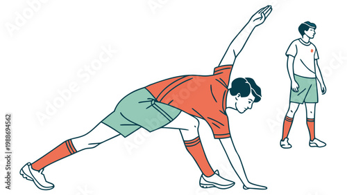Football player stretching hamstring in warm up exercise before training session