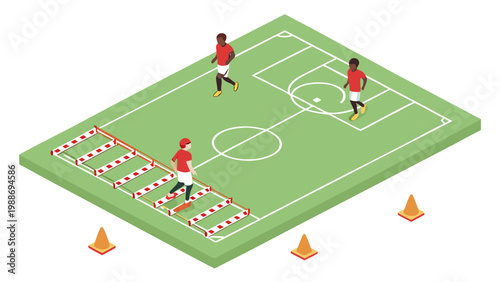 Football training drill with players on field using cones and agility ladder in sport practice concept