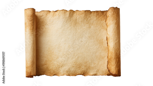 Bild auf Leinwand Unrolled ancient parchment scroll with burnt edges, isolated on transparent back