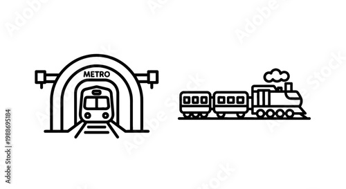 Metro tunnel and steam train transportation icons set with transport locomotive transportation traveling railroad movement traveler carriage