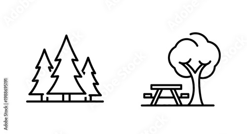 Set of line icons representing a forest of pine trees and a park area with a picnic table under a large tree recreation woodland environment landscape