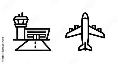 Airport terminal tower and airplane travel icons set with airplane terminal aviation transport aircraft vacation transportation departure commercial