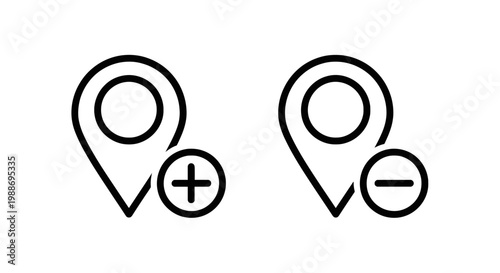 Map location marker icons with plus and minus signs for adding or removing destinations location navigation destination interface minimalist direction