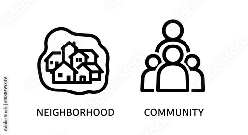 Neighborhood and community social icons representing residential area and local group with neighborhood community residential minimalist connection