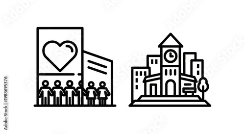 Community love heart and town hall clock tower line art icons with community building architecture government graphics illustration minimalist