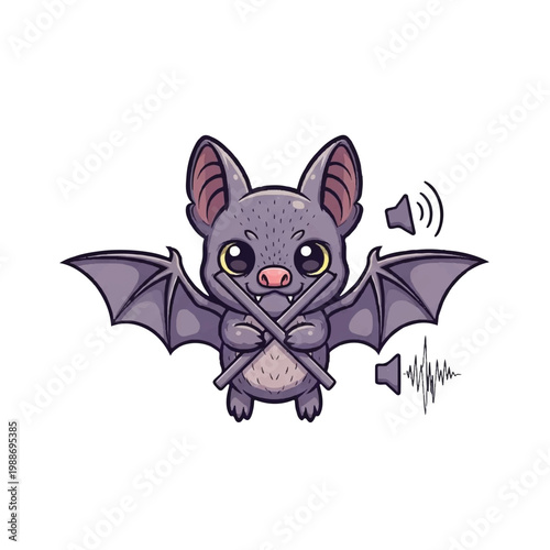 Cute Bat Character Holding Crossed Sticks With Sound Waves.