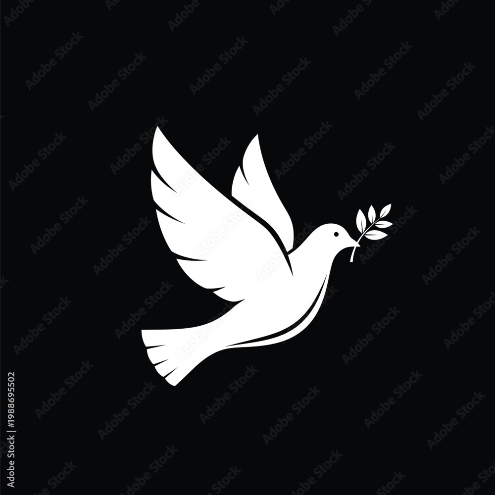 Fototapeta premium A white dove flies peacefully against a black background with an olive branch in its beak.