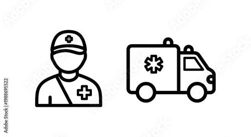 Medical assistance and ambulance service icons depicting a healthcare professional profile and a rescue vehicle with ambulance healthcare hospital