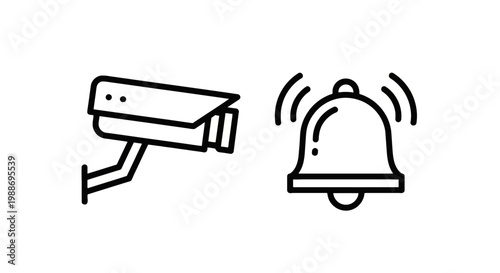 Security and surveillance icon set featuring a mounted cctv camera and a ringing alarm bell notification symbol security surveillance notification