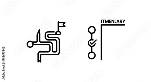 Itinerary and route planning icons featuring a winding path with a destination flag and a task list progress tracker itinerary planning progress schedule